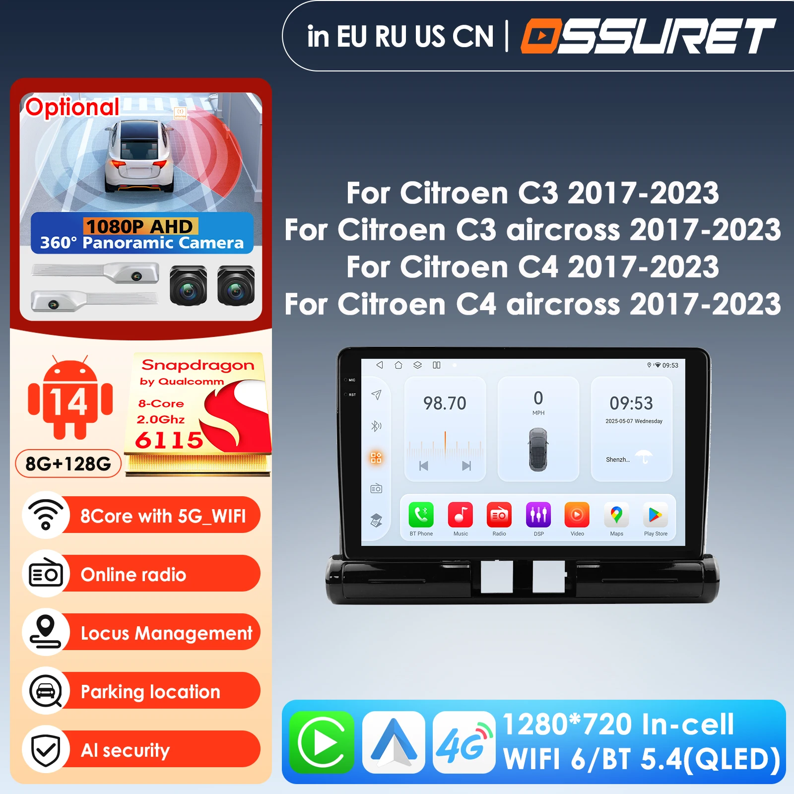 Audio Car Intelligent Systems Carplay Android Car Radio for C3 Aircross 2017 - 2023 Citroen C4 Multimedia Video Player WIFI 7862