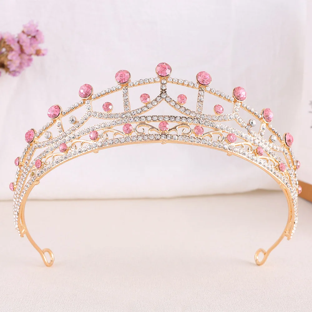 Gold Color Alloy Rhinestone Crown For Women Elegant Fashion Pink Tiara Headband Halloween Wedding Party Jewelry Hair Accessories