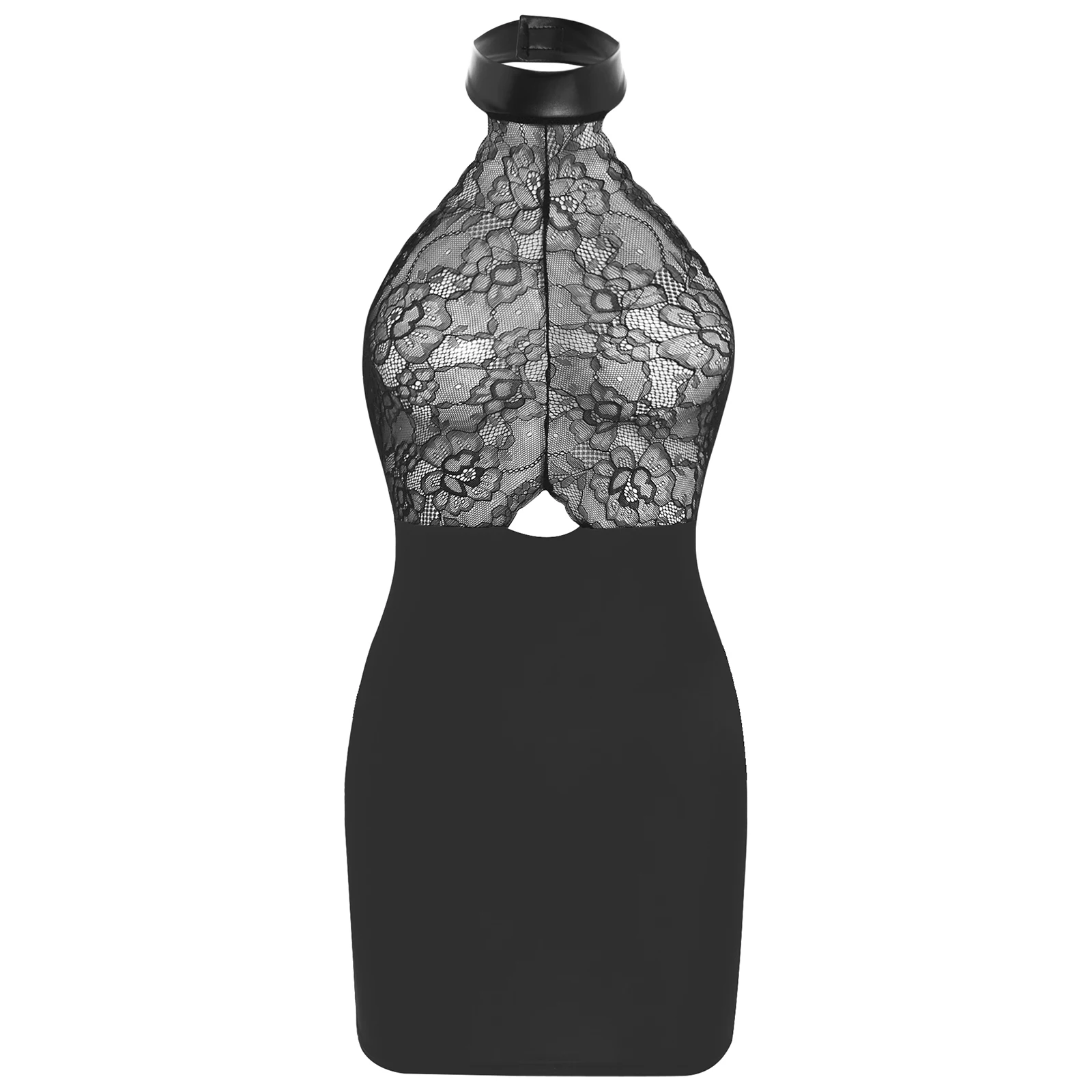 

Elegant Women's See Through Lace Spliced Mini Dress Halter Sleeveless Front Keyhole Silky Dress Stretchy Dress Fashion Clubwear