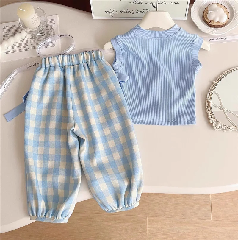 Girls Sleeveless Sets Children's Clothing Solid T-shirt +Plaid Pants + Bag 3Pcs Suits Baby Fashion Knotbow Outfits 2-8 Years