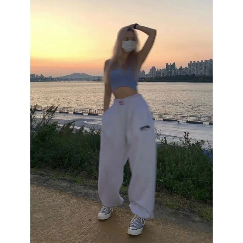 American Retro Cuffed Pants Women Summer High Waist Straight Wide Leg Casual Sport Pants