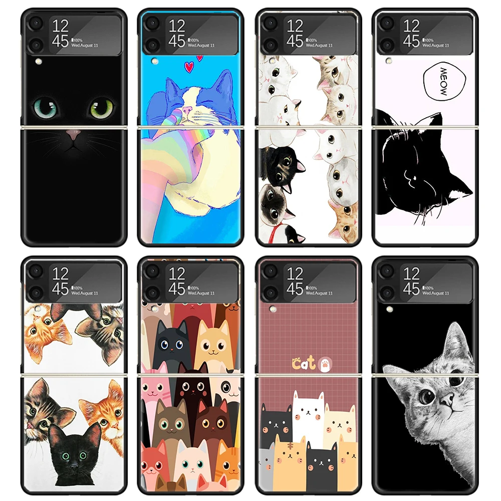 Cat Cute Kitten Cartoon Case For Samsung Galaxy Z Flip 4 5 3 z Flip5 Flip4 5G Hard Phone Cover Flip3 Split Folding Black Plastic