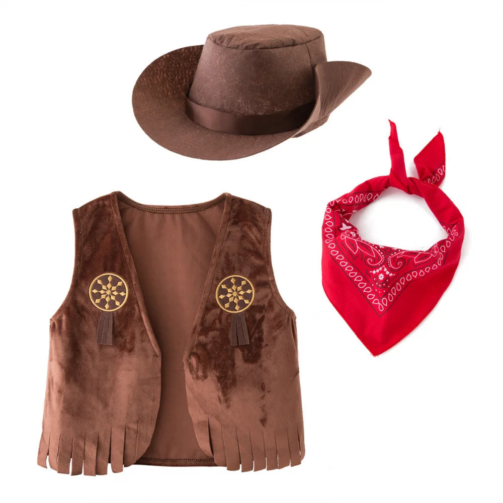 Costume da Cowboy per bambini ragazzi Halloween Dress Up Cosplay Set festa di compleanno gioco di ruolo pantaloni occidentali Outfit accessori per cappelli