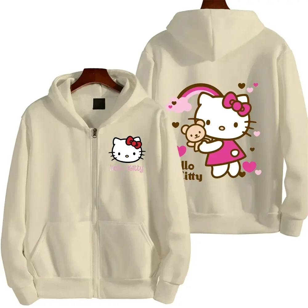 Women\'s Zipper Hoodie Autumn and Winter New Cute Kawaii Sanrio Hello Kitty Pattern Sweatshirt 2024 Streetwear Women\'s Clothing