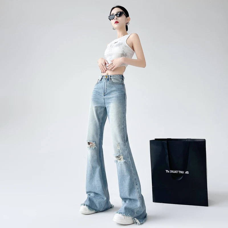 New Fashionable Casual Versatile Light Blue Ripped Jeans Women'S In Summer Thin Cut With Fringed Edge Design Flared Floor Pants