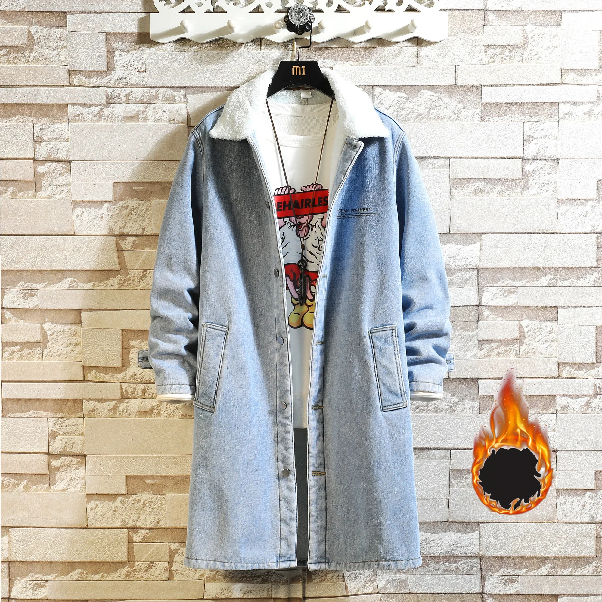 

Pop Mens Long Style Denim Jacket Men Fleece Winter Denim Coat Man Blue Retro Jacket Male Classic Thick Wool Liner Outerwear