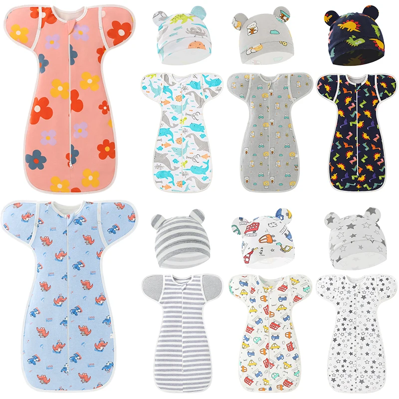 0-6M Newborn Baby Sleeping Bags Cotton Anti-shock Sleepsacks Wrap Bonnet Hat Set Cartoon Print Infant Swaddle Blanket Baby Stuff