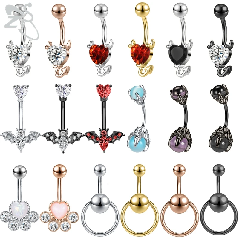 ZS 1PC 14G  Devil Shape Heart Belly Button Ring for Women  316L Stainless Steel Navel Piercing Red CZ Crystal Belly Piercing