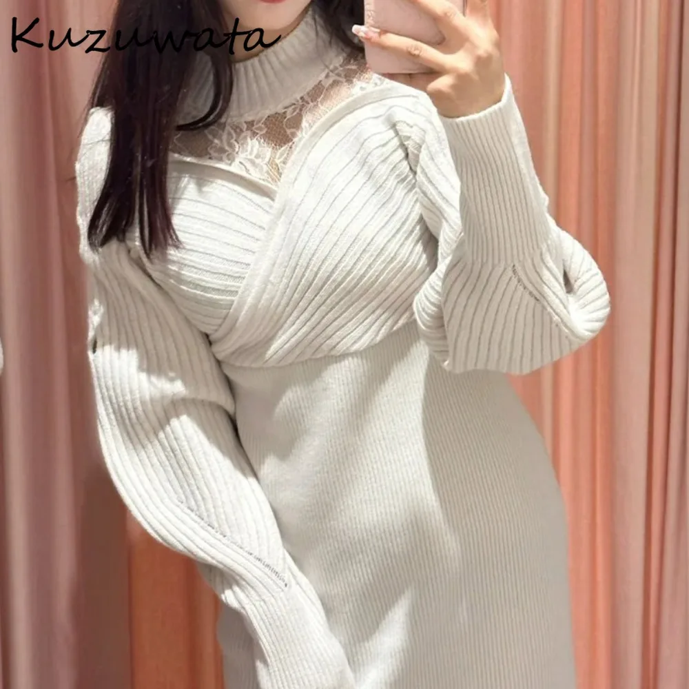 

Kuzuwata 2025 New Slim Bodycon Sheath Femme Robe Women Lace Up Patchwork High Waist Dresses Japan Knit French Style Moda Vestido