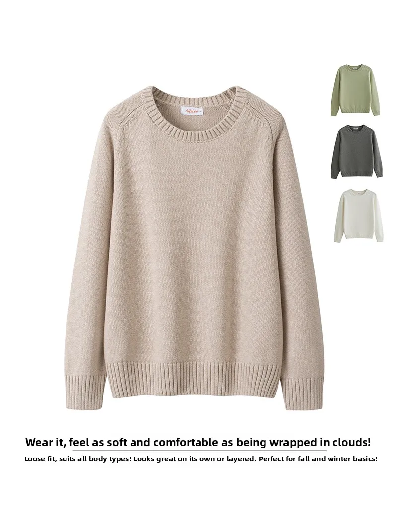 

Ladies 00% Pure Cotton Thiened Loose Fit round Ne Knitwear Soft Comfortable Color Base irt for Autumn Winter