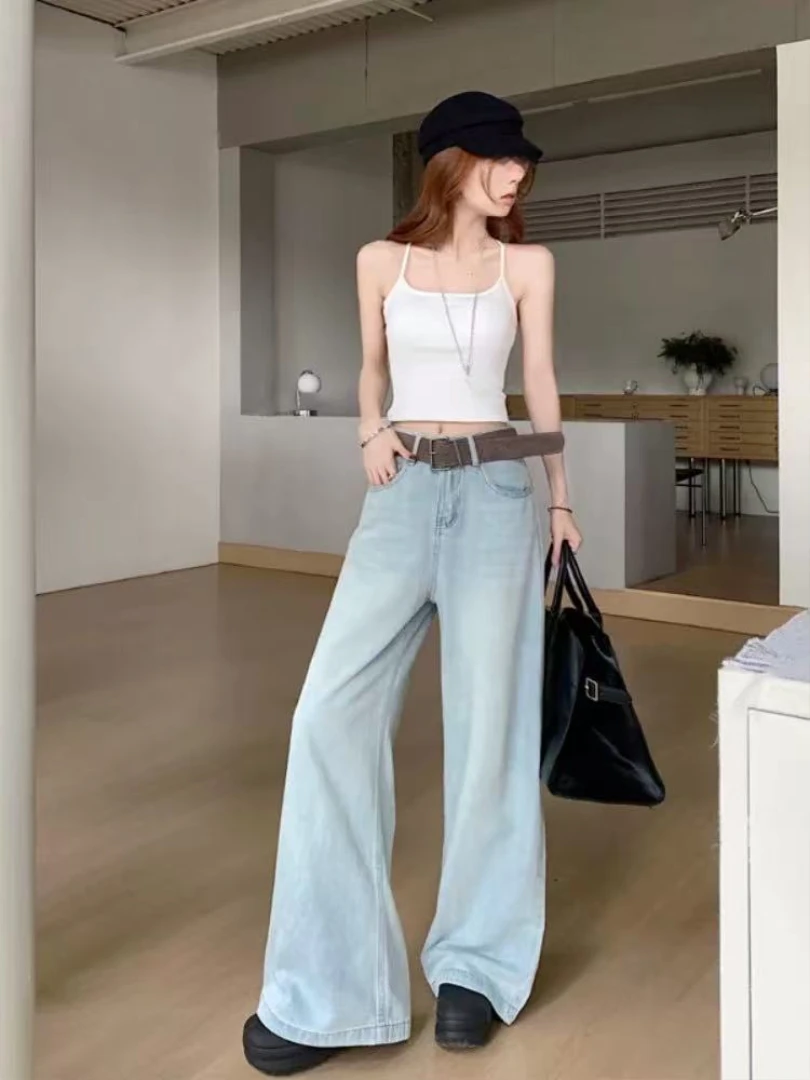 NUOMICI Light Blue Mid-low Waist Jeans Women's Loose Casual Straight Trousers Street Simple Chic Basic Female Pants