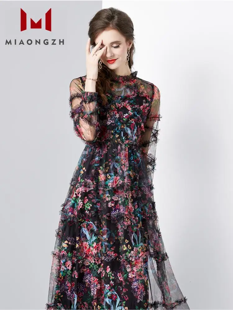 Vestidos largos de malla de retazos con estampado de moda para mujer, vestido de noche Vintage elegante con volantes, cuello redondo, adelgazante, cintura alta, flores