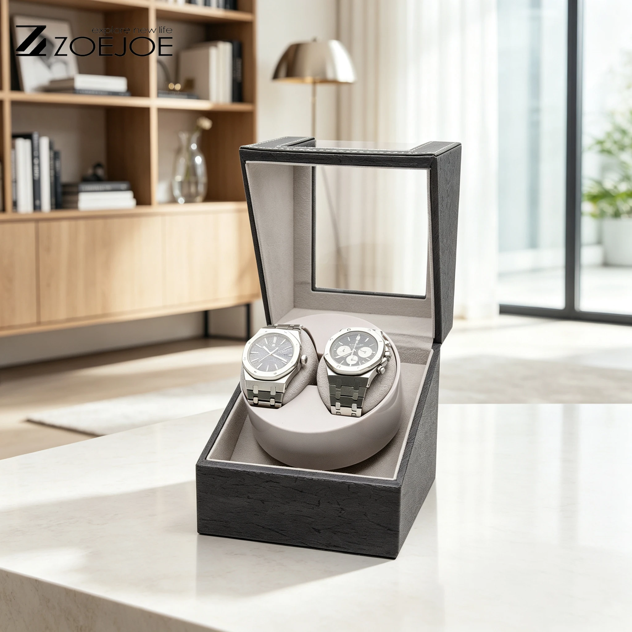 ZOEJOE Automatic Watch Winder, PU Leather, USB Powered, Quiet Motor, Clear Cover Display, Single/Double Watch Storage Box