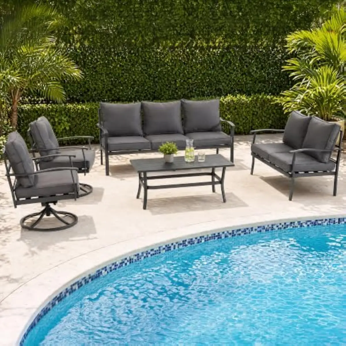 5-Piece Modern Outdoor Seating Ensemble Featuring Weatherproof Metal Frame Coffee Table Plus Removable Cushions In Sleek Grey To