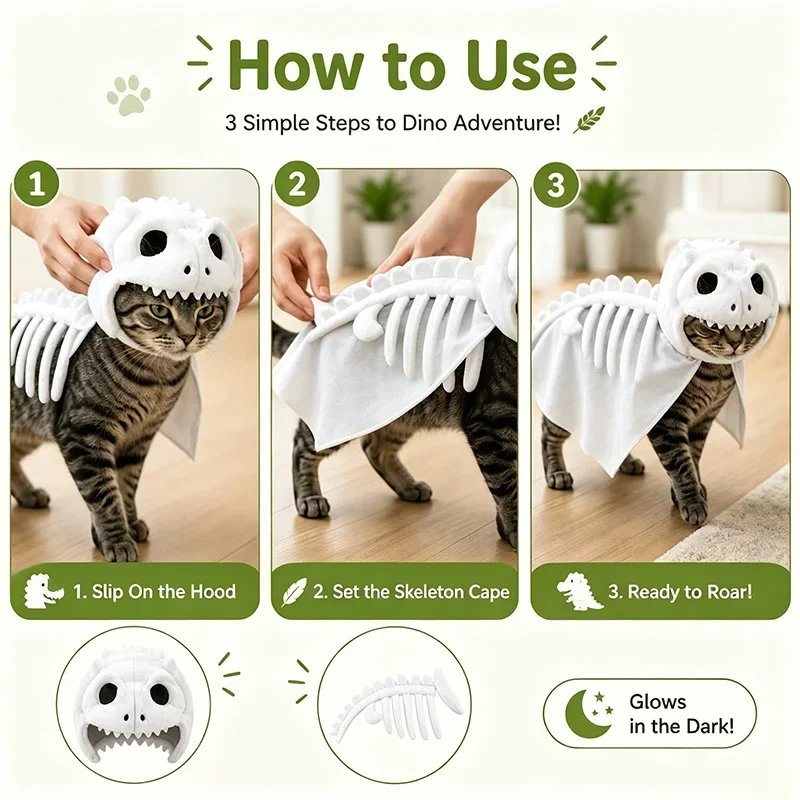 Halloween Dinosaurier-Skelett-Katzenkostüm, leuchtet im Dunkeln, Plüsch-Kapuzen-Cosplay-Outfit für kleine und mittelgroße Katzen, lustiges Party-Foto-Requisit – Detail 4