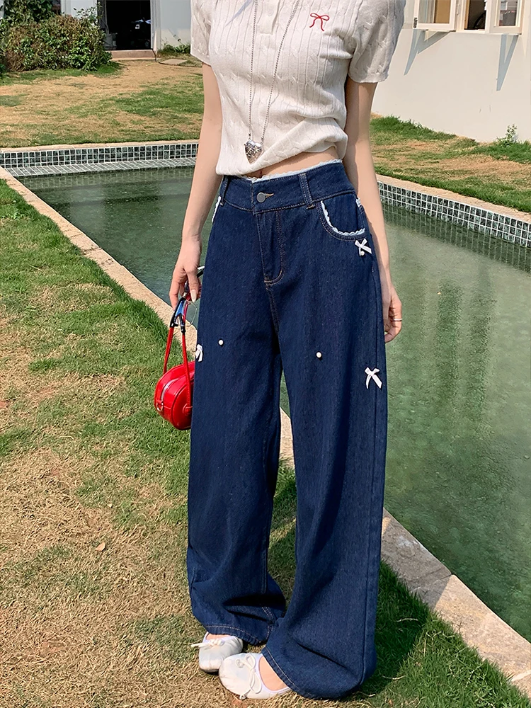 

Американские женские джинсы больших размеров с кружевной отделкой, широкие, свободного кроя, с высокой талией, на молнии, универсальные, на все сезоны