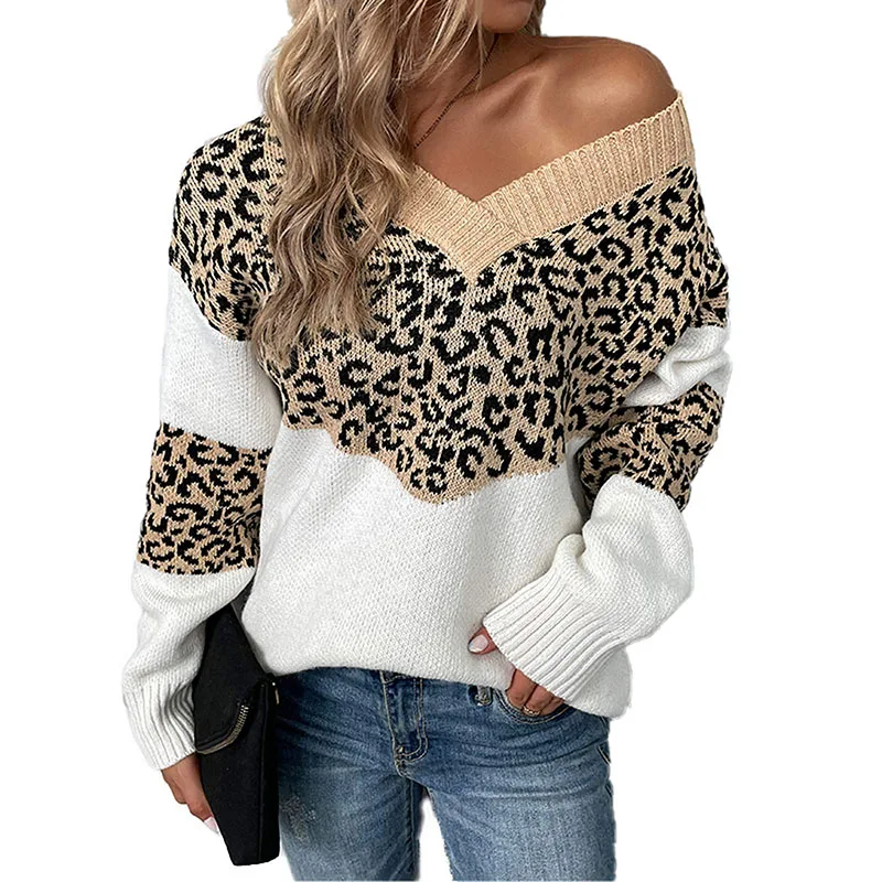 Damski sweter w panterkę z dekoltem w kształcie litery V, z długim rękawem, luźny sweter sweter z dzianiny sweter top — zdjęcie 5