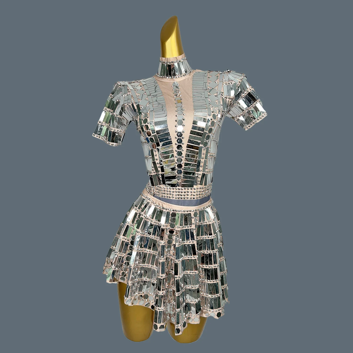 

Women's Stage Show Bodysuit Mini Skirt 2Pcs Set Nightclub Dance Costume Birthday Party Shine Sequins Singer Wear Lianghuanghuang