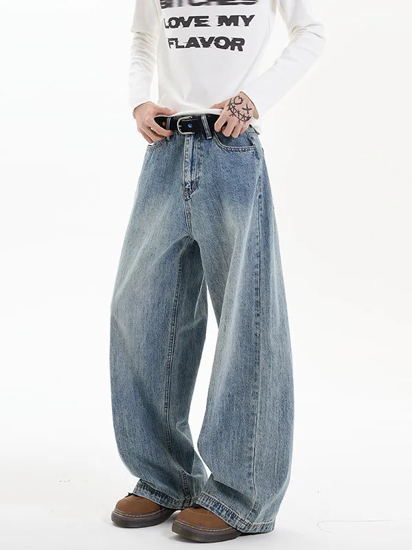 

TANGZ Studio American Waed Blue Vintage Men's Loose Straight Leg Jeans Knife Casual Cotton Blend Youth Faion