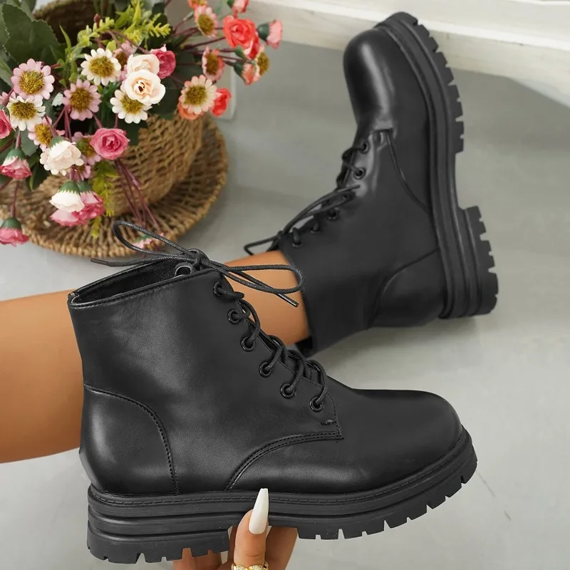 Ladies Shoes 2023 High Quality Lace Up Women's Boots Winter Round Toe Solid Middle Tube Platform Large Size Fashion Boots