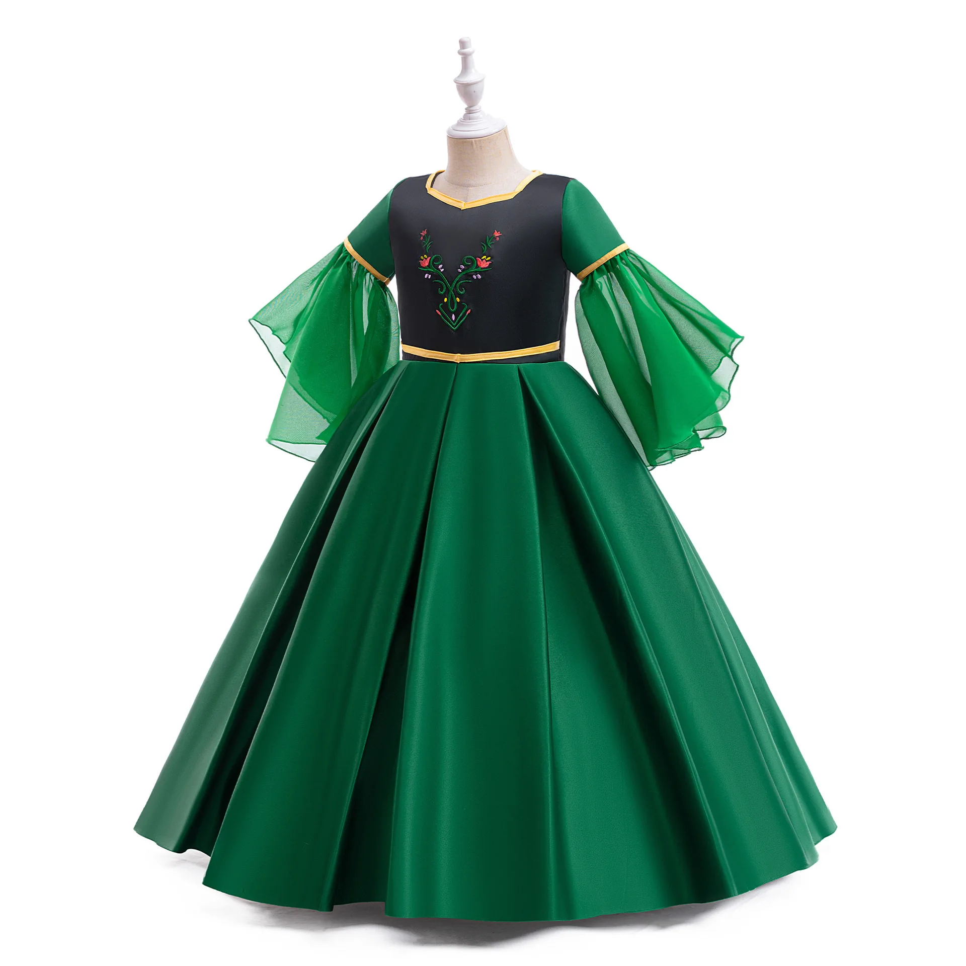 Girls Party Dress 110cm-150cm Performance Satin Dresses Green Ball Gown Princess Cosplay Half-Sleeve Kids Costumes