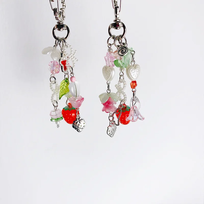 Cute Strawberry Tulip keychain Handmade satosugu beaded Y2K Keychain For Bag Decoration Phone Gift