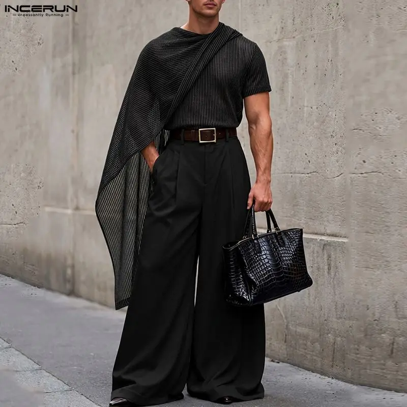 INCERUN T-shirts irréguliers pour hommes, rayés, en maille unie transparente, hauts pour hommes, châ