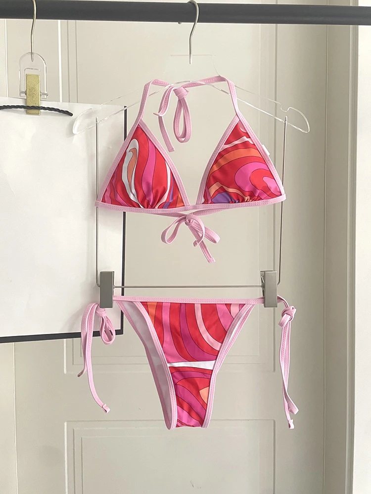 

Summer Fashion Beach Party Sexy Vintage Print Bikini Set Women's Spaghetti Strap Ultrashort Tops+Low-waist Slim Shorts