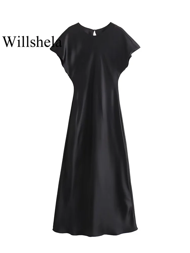 Willshela moda damska solidna plisowana sukienka Midi z wycięciem na plecach Vintage O-Neck krótkie rękawy kobiece eleganckie sukienki damskie