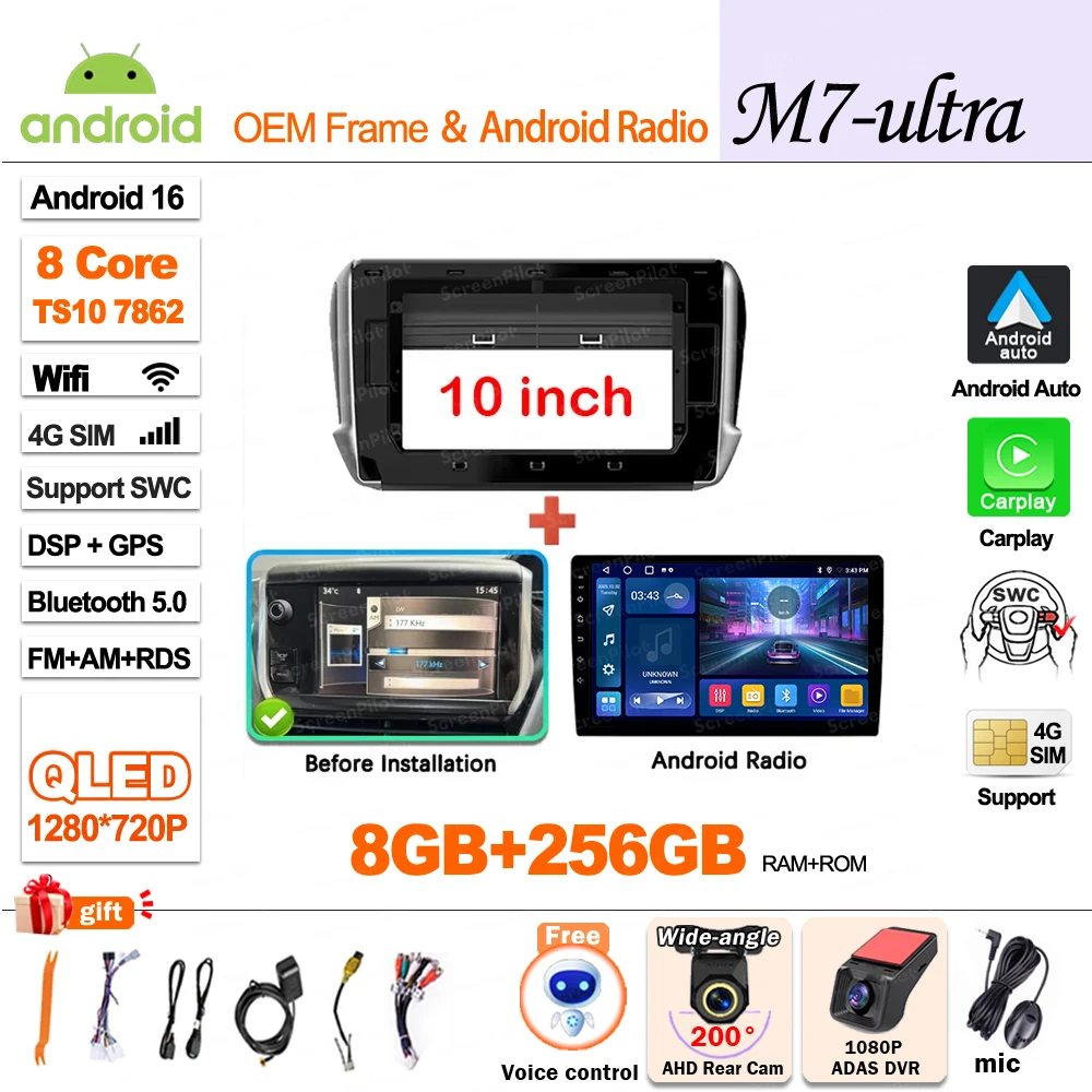 Autoradio Multimedia Speler Voor Peugeot 2008 208 2014-2018 Draadloze CarPlay Android 16 Auto Intelligente Systemen Autoraido gereedschap