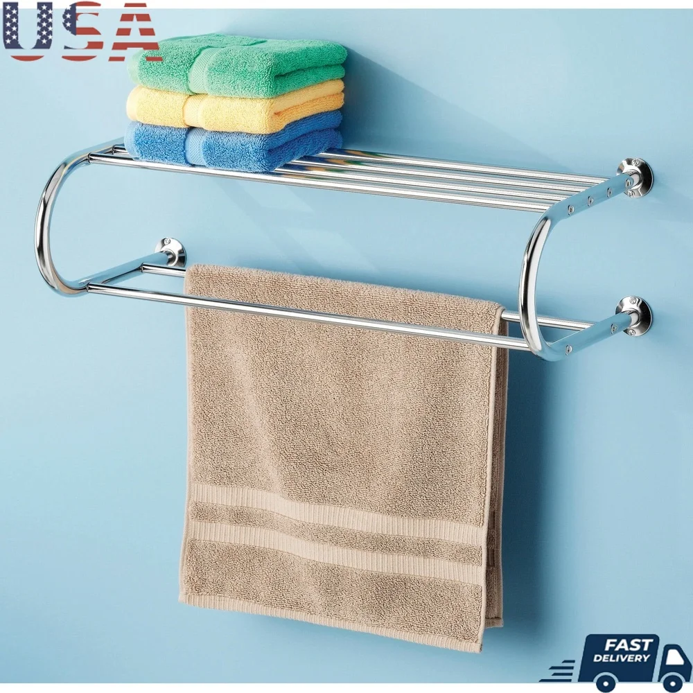 

Настенная хромированная металлическая полка для полотенец, экономия места, с двумя полотенцами для полотенец и полками для хранения, организация ванной комнаты