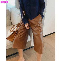 Leather Cropped trousers Women Caramel Black Real Sheepskin High Waist Wide Leg Straight Tube Pants mujer Loose Thin Pantalon