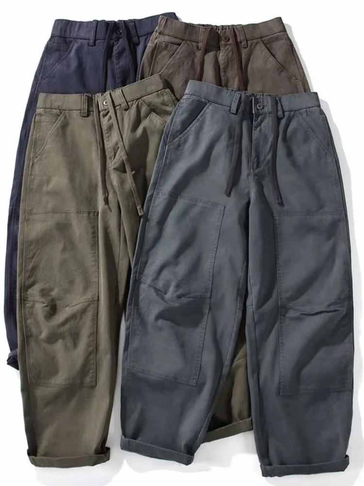 

Loose Fit American Retro Workwear Pants Elastic Waistband Wide Leg Washed Casual Tapered Shape Men's Straight Leg Jeans