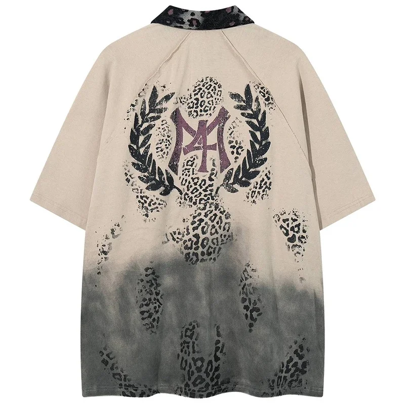 Leopard Patchwork Men T shirts Streetwear Harajuku Hip Hop Oversized T-Vintage Loose Y2K Tshirts Unisex Tee Tops