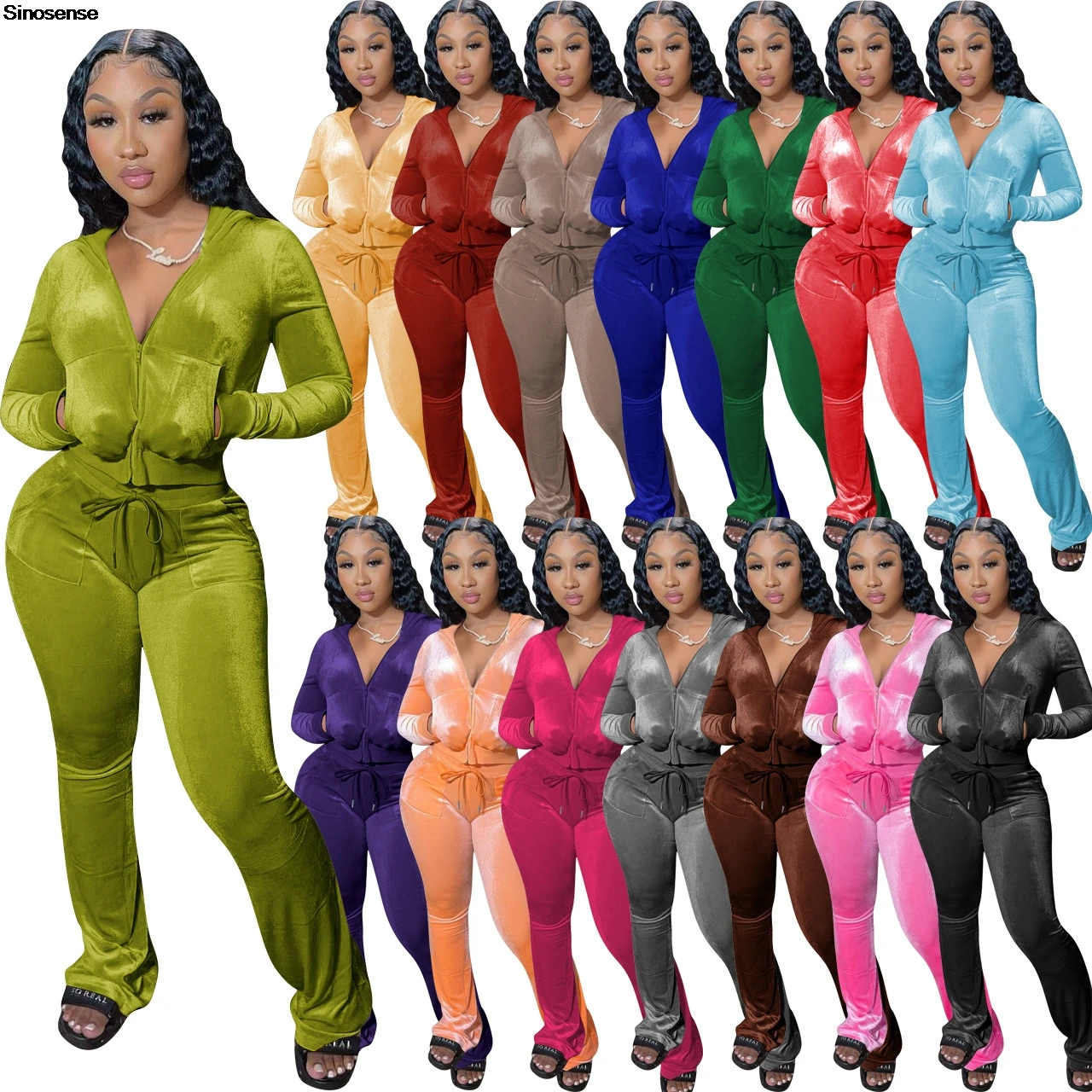 Damskie jesienne dwuczęściowe stroje 2-częściowy welurowy dres Velvet Sweatsuits Zapinana na zamek kurtka z kapturem Bodycon Rozkloszowane spodnie Jogger Sets