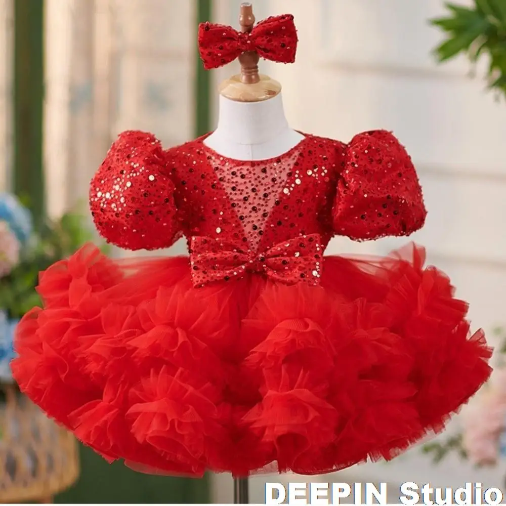 

Glitter Red Flower Girls Dress 2024 NEW Short Sleeves Scoop Neck Cute Baby Girl Tutu Party Gown Short Graduation Kids Prom Dress