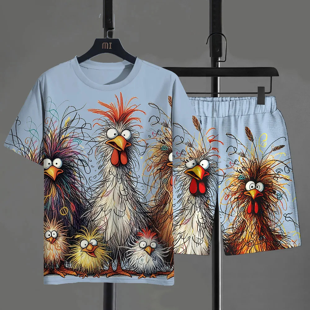 

Funny Men's T-shirt Pants Set Cartoon Chicken Print Summer Casual Short Sleeve Pullover T-shirts Outdoor Male Overszied Clothing