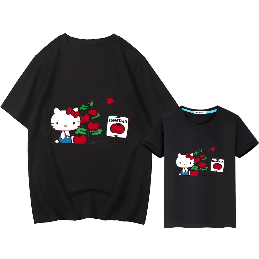 Camiseta con estampado de hello kitty para niños y niñas, ropa a juego para mamá e hija, 100% algodón, Tops cortos de Anime, regalo para niños y2k