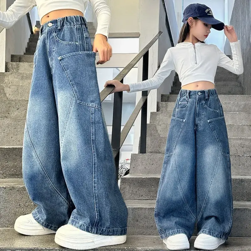 Spring/Autumn Girls' Jeans Retro Curved Knife Pants Teen Children Warm Thick Loose Straight Leg Wide Leg Pants 5 7 9 11 13 15Y