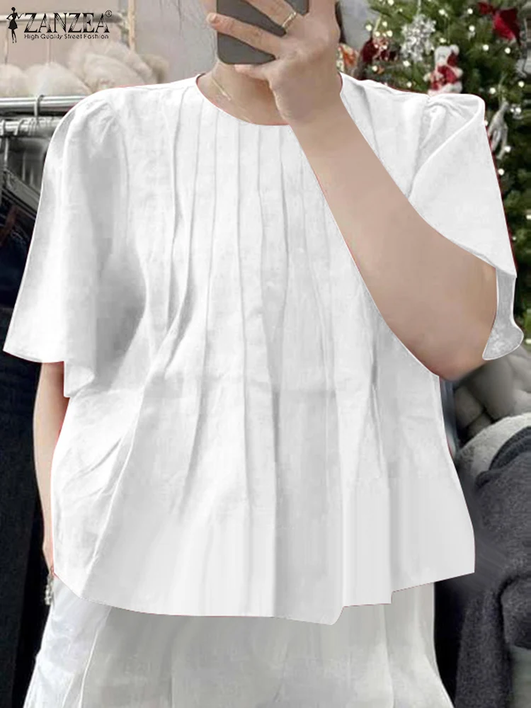 ZANZEA blusa plisada Color sólido Tops de manga corta 2025 mujeres Casual verano playa túnica cuello redondo suelto Blusas de gran tamaño jerseys
