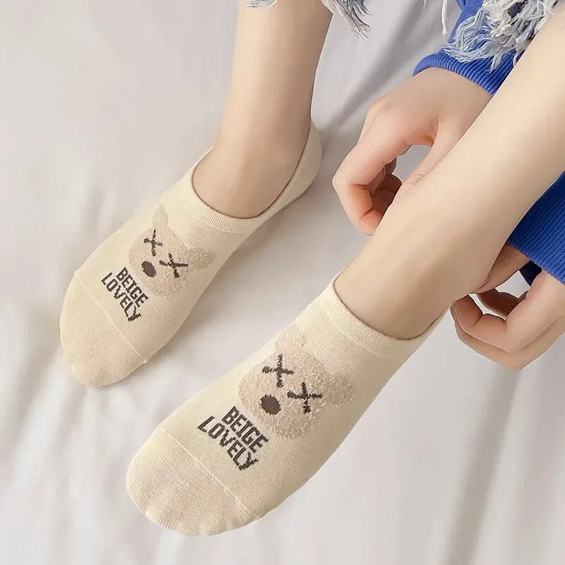 10 Pairs of Thin Bear Printed Socks, Thin Anti Slip Shallow Ankle Socks, WOMEN\'S Boat Socks and Silk Stockings