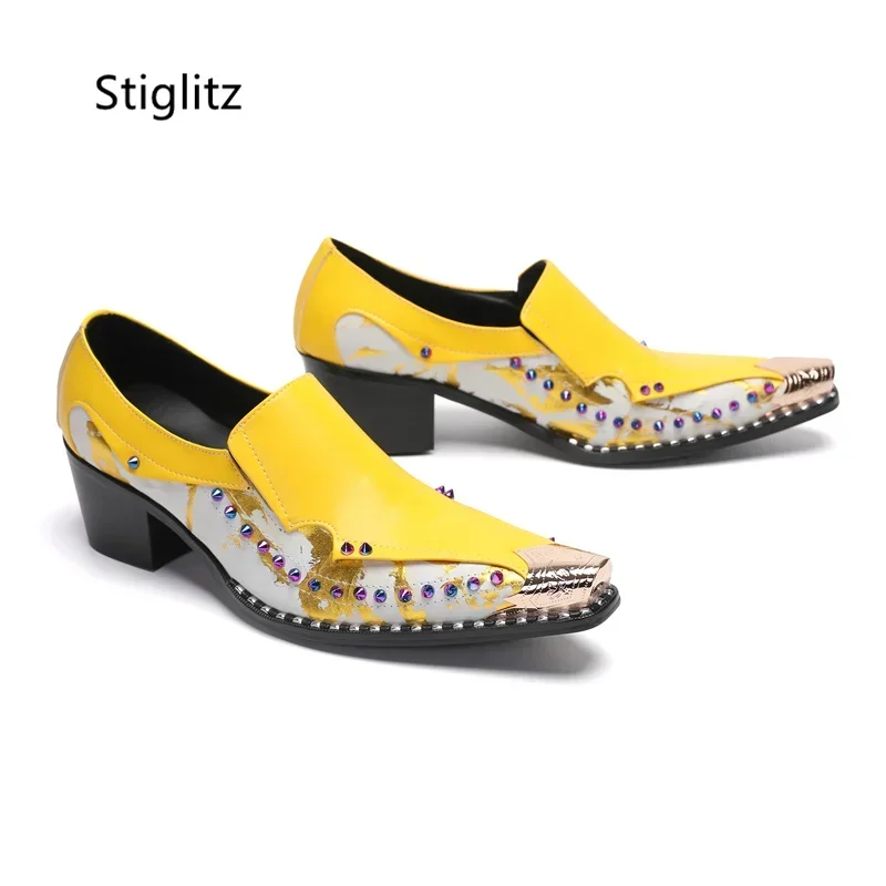 Yellow Print Genuine Leather Shoes for Men Patchwork Metal Toe Rivet Casual Business Shoes with Heels Retro Party Dress Shoes