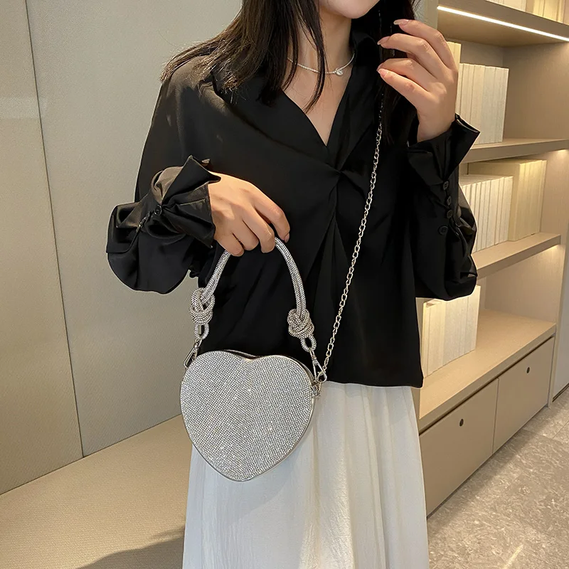 Knoten Griff Strass Abend Clutch Tasche Luxus Designer Kristall Diamanten Handtasche Geldbörse niedlichen Liebe Herz Umhängetasche Mini – Detail 6