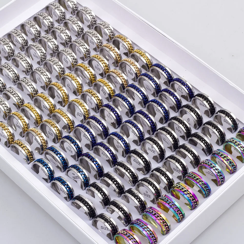 Wholesale Bulk 20pcs/Lots Rotatable Chain Spinner Stainless Steel Rings Decompression Jewelry For Men Women Mix Style