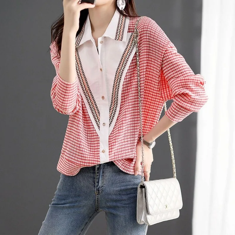 Korean Patchwork Loose Blouse Long Sleeve Contrast Button Temperament Polo Neck Shirt Tops Spring Autumn Women Clothing Fashion