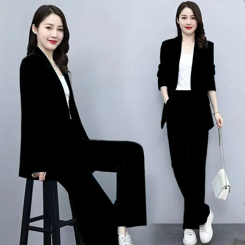 Women\'s Set 2023 Spring and Autumn New Korean Version Small Fragrant Suit Professional Royal Sister Wide Leg Pants Two Piece Set