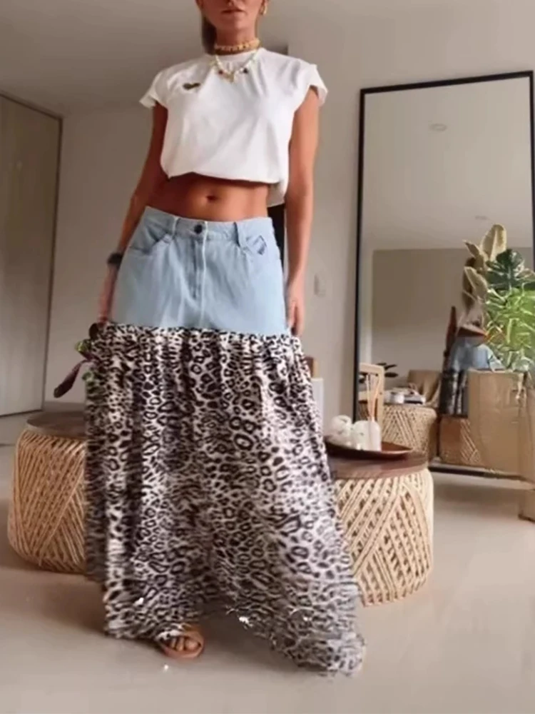 

2026 early spring new fashionable casual street style half skirt spicy girl denim patchwork leopard print half skirt