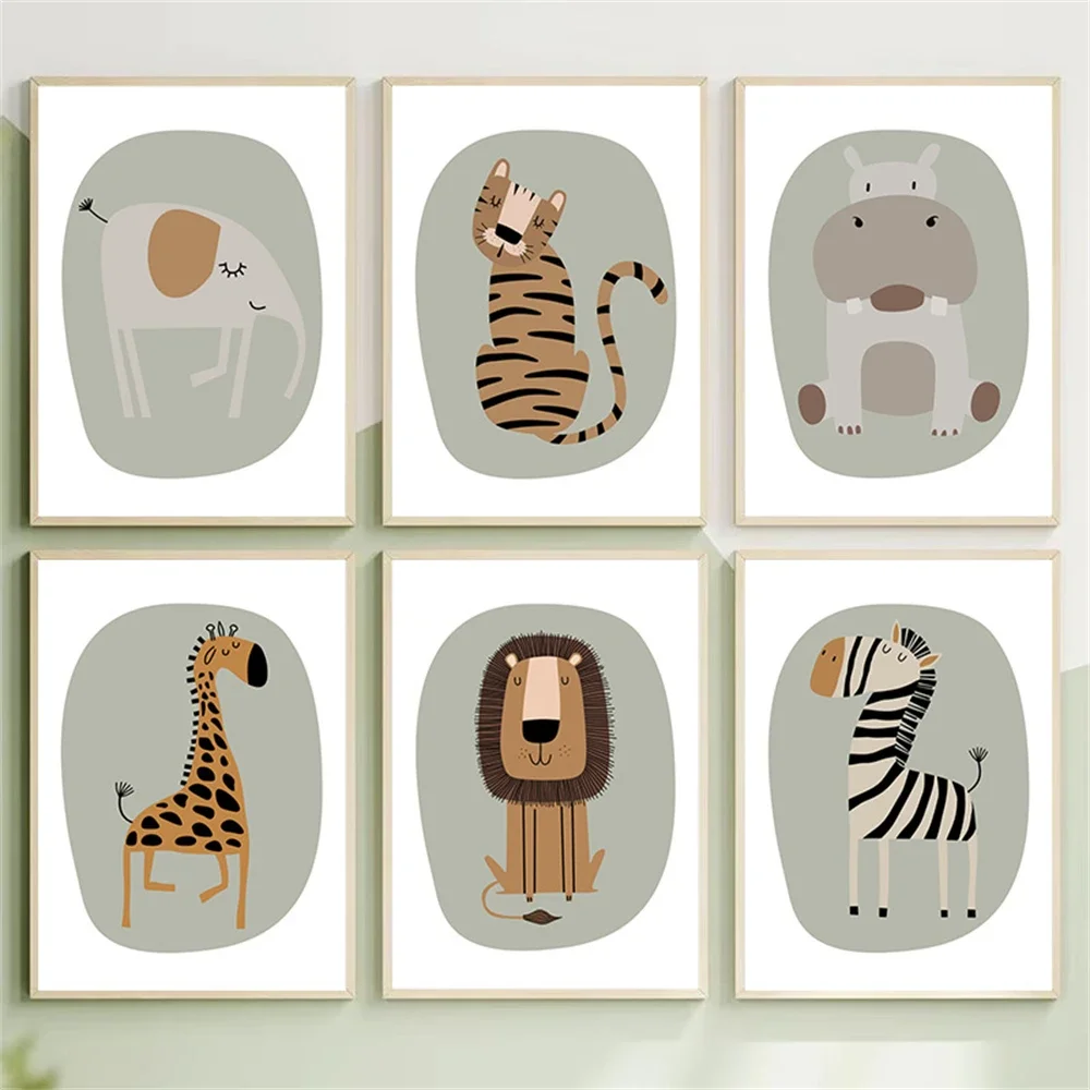 الكرتون الحيوان الأسد زيبرا الفيل الزرافة فرس النهر الرسم على لوحات القماش الجدارية الحضانة الملصقات والمطبوعات صور غرفة الاطفال ديكور