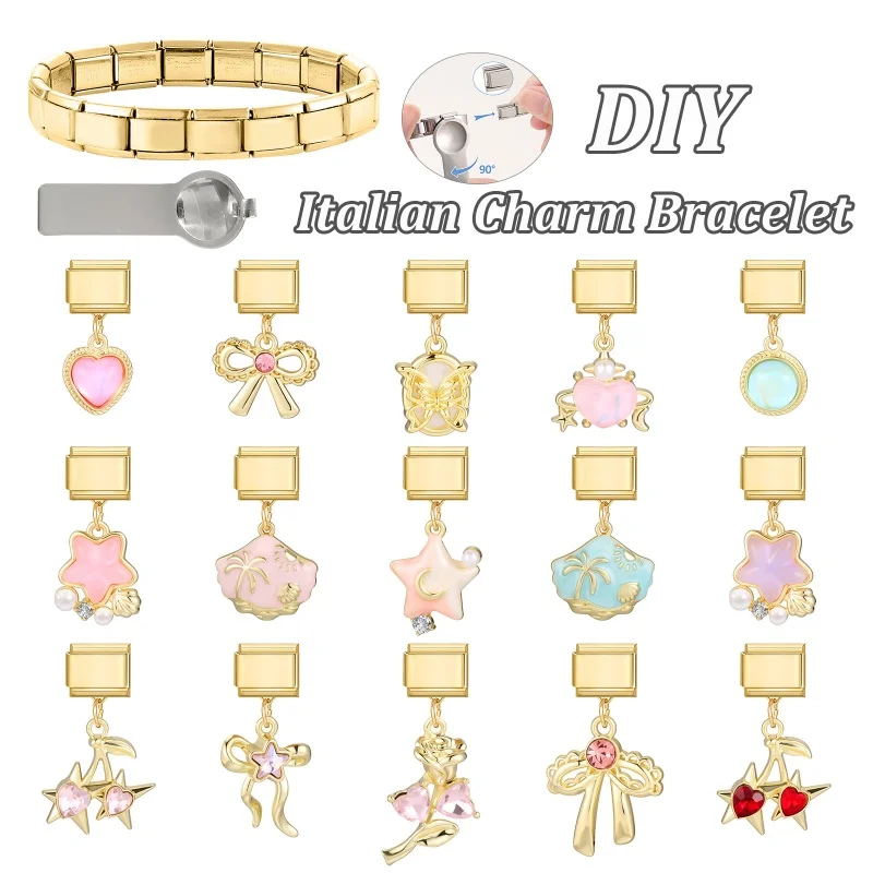 Wholesale Bow Butterfly Moon Cherry Shell Gold Color Pendant Italian Charm Links Fit 9mm Stainless Steel Bracelet DIY Making