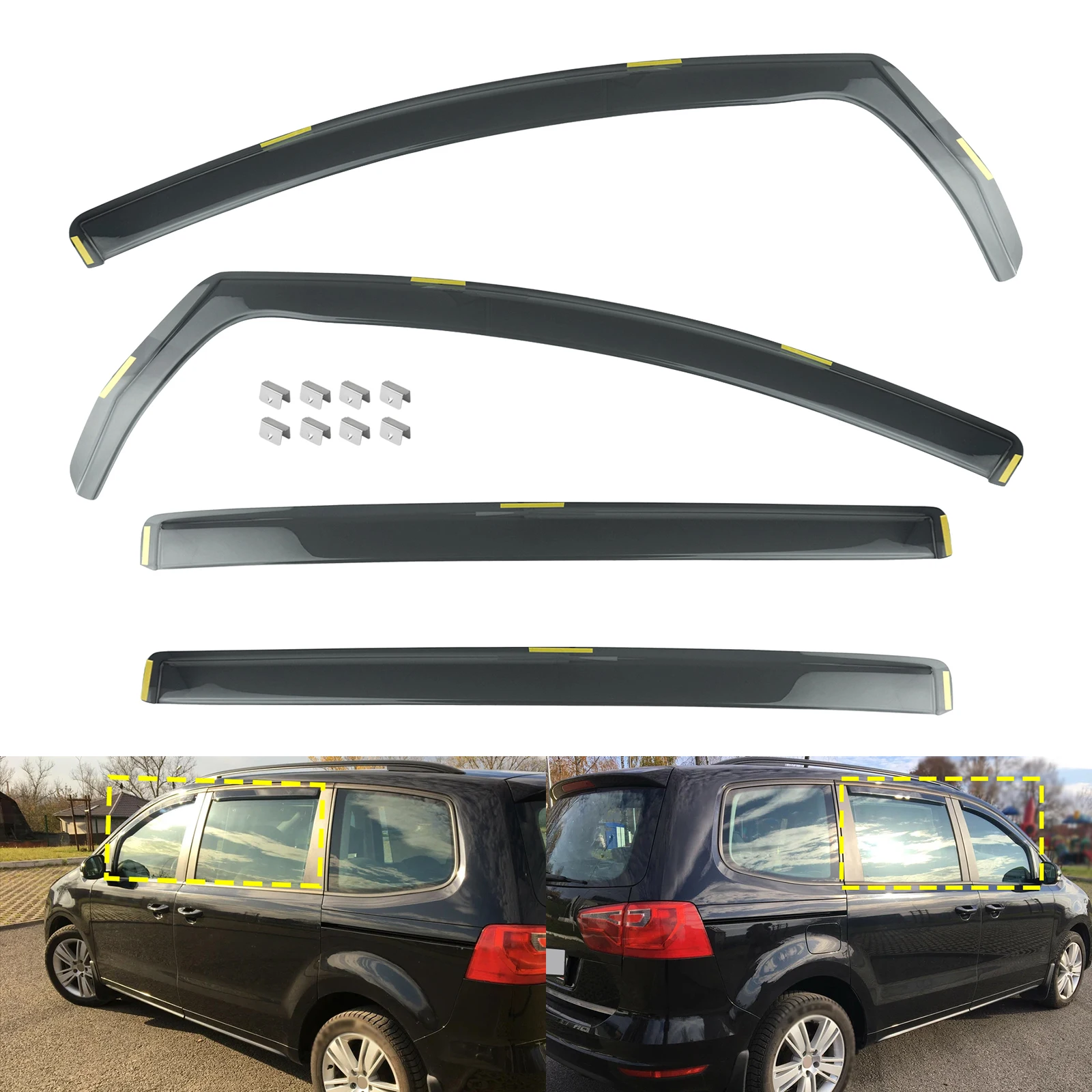 Image of 4 Stück/Set Getönte Seitenfenster-Wind-, Regen- und Sonnenschutzblenden, Teefarben, Transluzent, für Seat Alhambra 710 711 5-Türer ab 2010